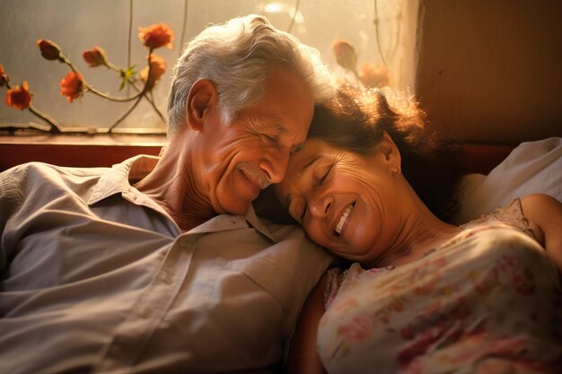 Een bejaarde man en vrouw die diep verliefd zijn en naast elkaar liggen op een comfortabel bed.