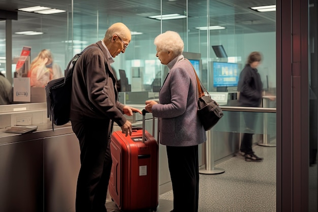 Foto een bejaarde man met baard en een charmante oude vrouw staan samen in de lounge van de luchthaven.