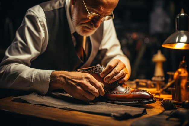 Foto een bejaarde schoenmaker aan het werk in een werkplaats