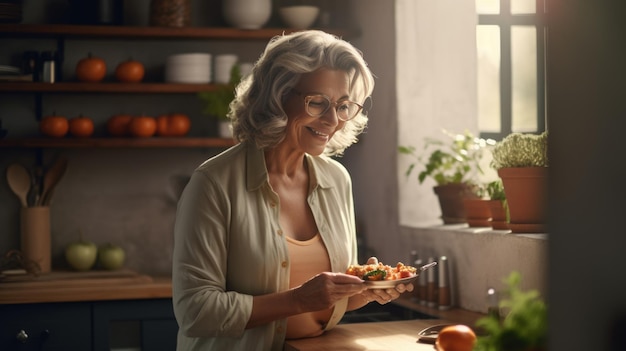 Een bejaarde vrouw bereidt het diner voor in de keuken van haar huis