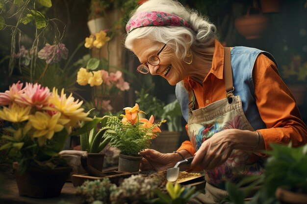 Een bejaarde vrouw die gelukkig tuiniert en voor haar planten zorgt