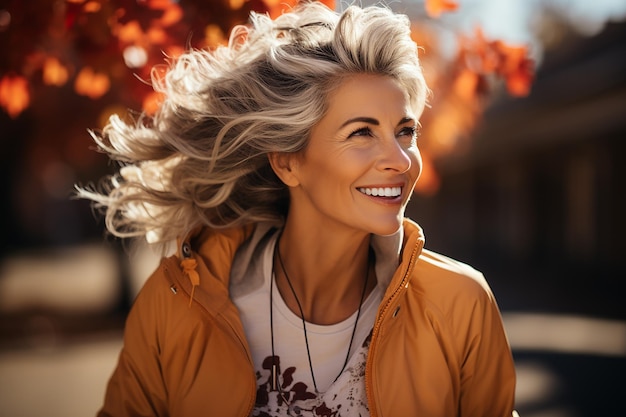 een bejaarde vrouw met lang wit haar in een herfstpark met haar dat in de wind fladdert