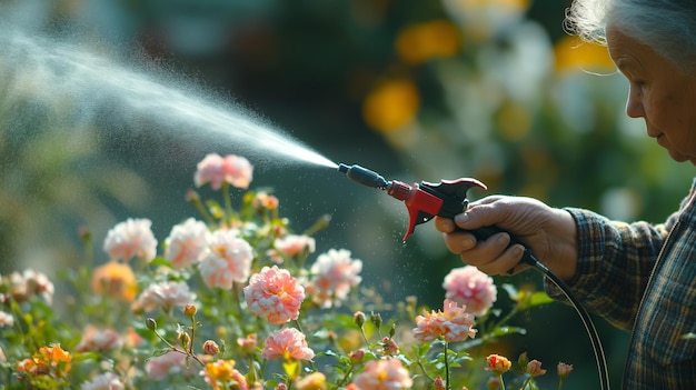 Een bejaarde vrouw spuit rozen tegen plagen en ziekten van dichtbij