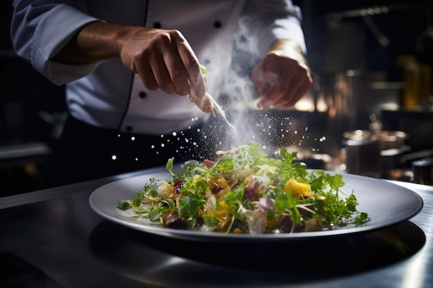 Een bekwame chef-kok doseert vakkundig smaakvolle kruiden op een levendige salade, waardoor de smaak naar verrukkelijke hoogten wordt getild. Gastronomisch gerecht wordt bereid in een luxe restaurantkeuken. AI gegenereerd