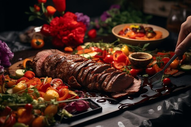 Een bekwame food stylist die een heerlijke maaltijd kunstzinnig versierd voor een elegante restaurantpresentatie