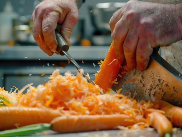 Een bekwame kok snijdt met een scherp mes de wortels zorgvuldig in plakjes op een houten snijplank