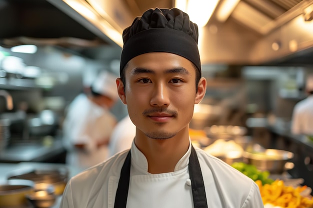Foto een bekwame kok van de aziatische keuken draagt met vertrouwen een klassieke witte chefhoed terwijl hij in een drukke professionele keuken werkt