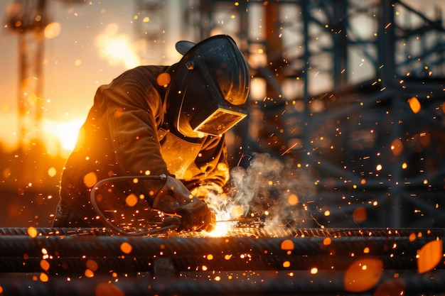 Foto een bekwame lasser werkt in de schemering aan een stalen constructie.