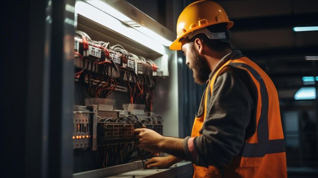 Een bekwame professionele elektricien die elektrische panelen repareert en zijn vaardigheid en kennis toont