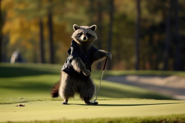 Een bekwame raccoon golfer die de masters wint met een uitdrukking van tevredenheid op hun gezicht.