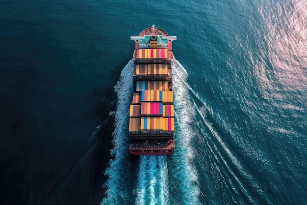 Een beladen containerschip wordt voorwaarts boven de oceaan gezien