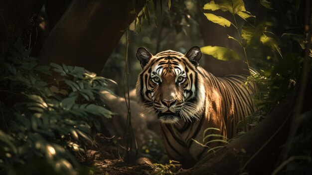 Een Bengaalse tijger die zijn prooi besluipt in het hart van de jungle