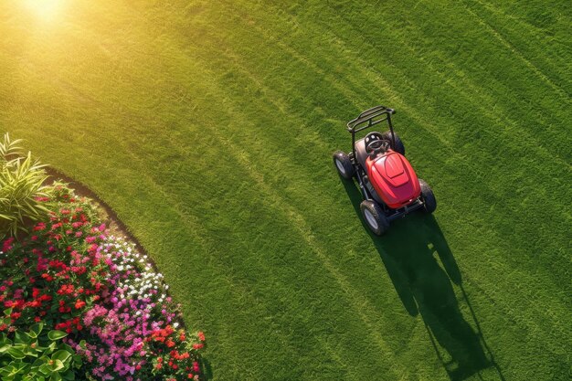 Een benzine grasmaaier staat op het gazon bij het huis bij zonsondergang