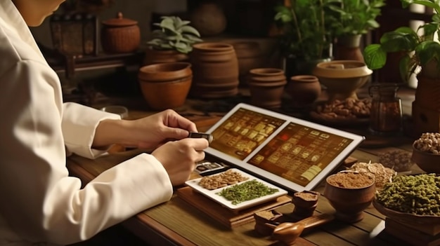 Een beoefenaar van traditionele Chinese geneeskunde leest een internetbestelling op een tabletcomputer en verpakt kruiden met behulp van generatieve AI
