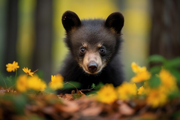 een berenwelp kijkt naar de camera met gele bloemen op de achtergrond