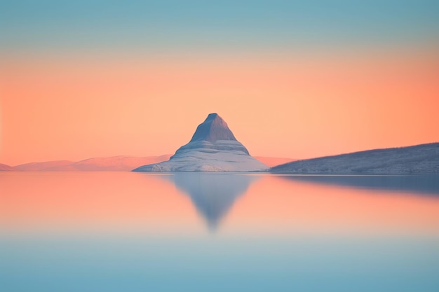 Een berg in het water met een zonsondergang op de achtergrond