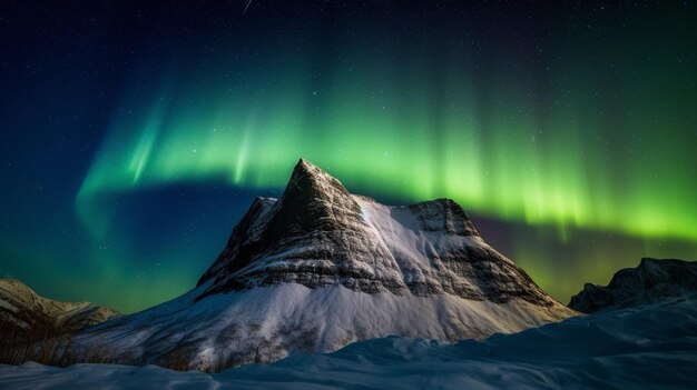 Een berg met daarboven de aurora borealis