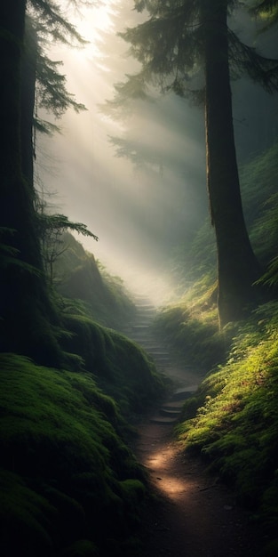 Een berg met een bos en dichte mist het smalle pad is overwoekerd