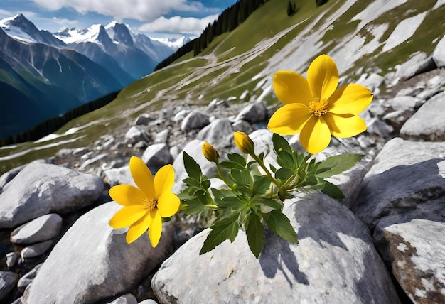 Foto een berg met een gele bloem die zegt paardenbloem erop