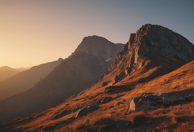 een berg met een gele zonsondergang op de achtergrond