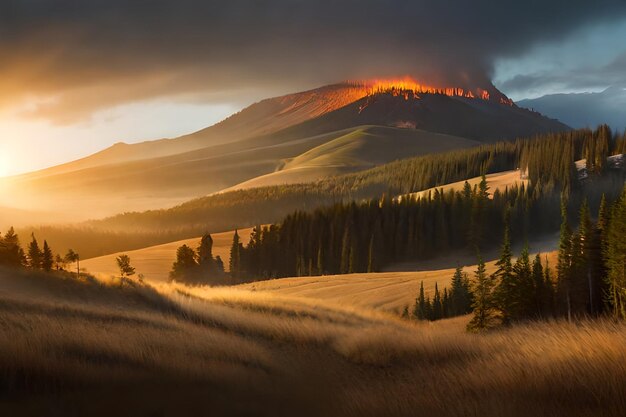 een berg met een gouden gloed en een zonsopgang