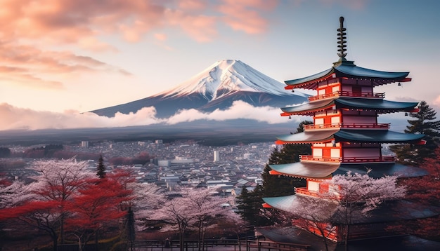 Een berg met een Japanse toren op de voorgrond