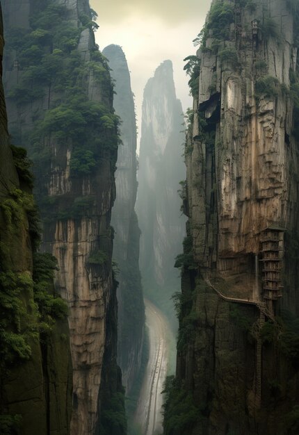 Foto een berg met een rivier er doorheen en een man op de top