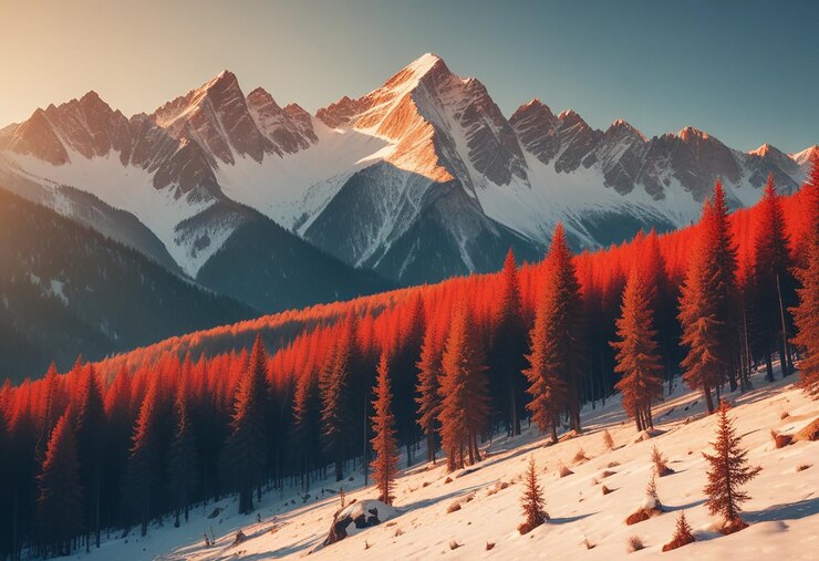 Foto een berg met een rode boom op de achtergrond