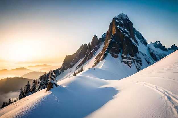 Een berg met een spoor in de sneeuw en een skiër op de achtergrond.