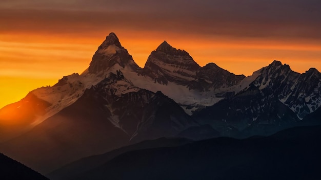 een berg met een zonsondergang erachter en de zon erachter