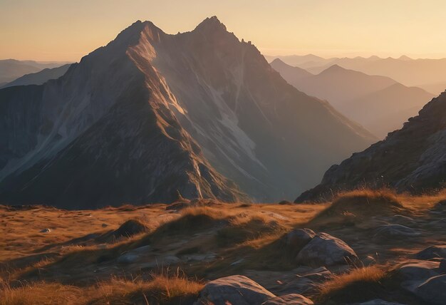 een berg met een zonsondergang op de achtergrond