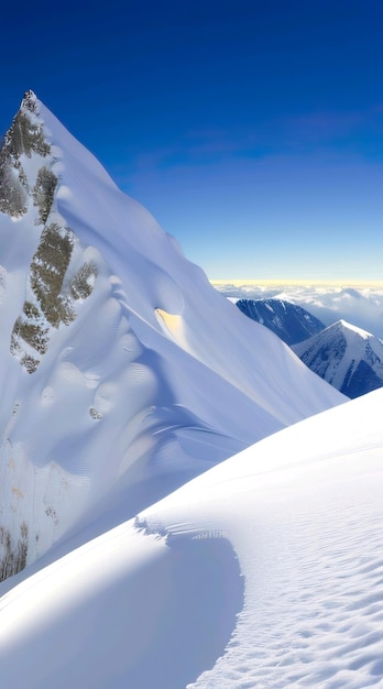 Een berg met sneeuw erop en een blauwe lucht op de achtergrond
