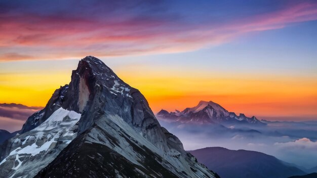 een berg wordt getoond met een zonsondergang op de achtergrond