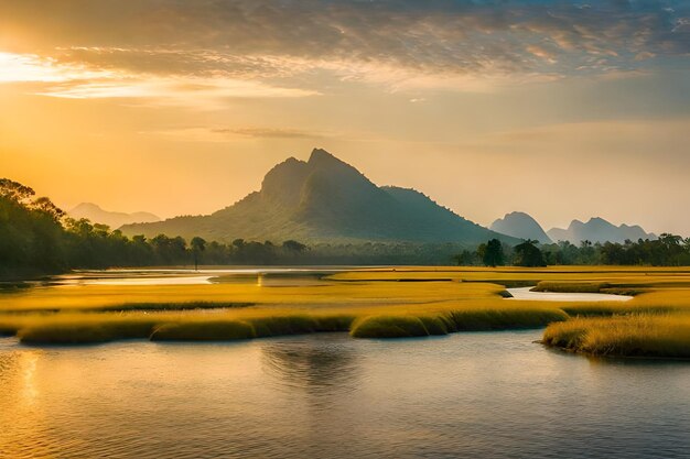 een berg wordt weerspiegeld in het water met een zonsondergang op de achtergrond.