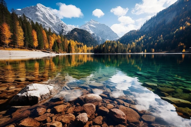 een berg wordt weerspiegeld in het water met rotsen en bomen