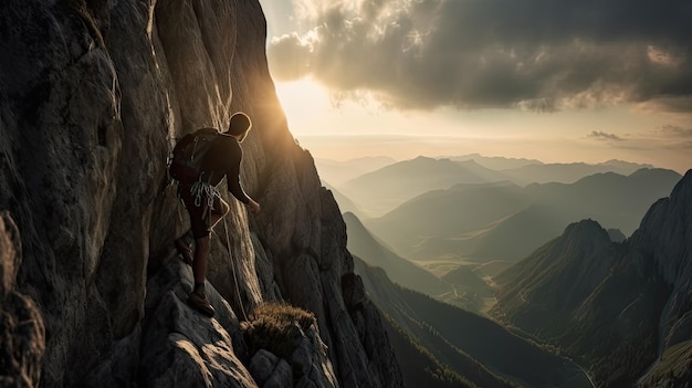 Foto een bergbeklimmer die de oppervlakte van een torenhoge klif beklimt