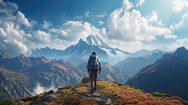 Een bergbeklimmer die op een berg staat met een grote rugzak in volledige bergbeklemmen en naar de bergen kijkt