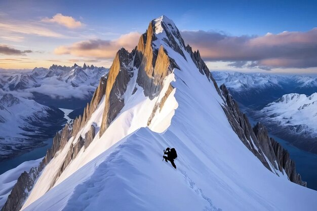 Een bergbeklimmer loopt langs de rand van een hoge berg met besneeuwde toppen