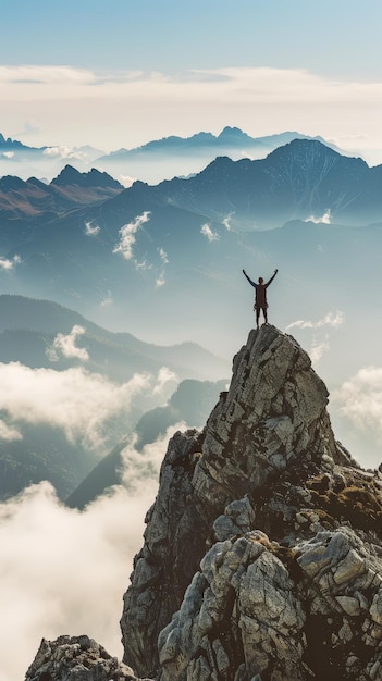 Een bergbeklimmer staat op de top van een rotsachtige uitloper met uitgestrekte armen terwijl ze genieten van het adembenemende uitzicht op de torenhoge bergketen die hen omringt