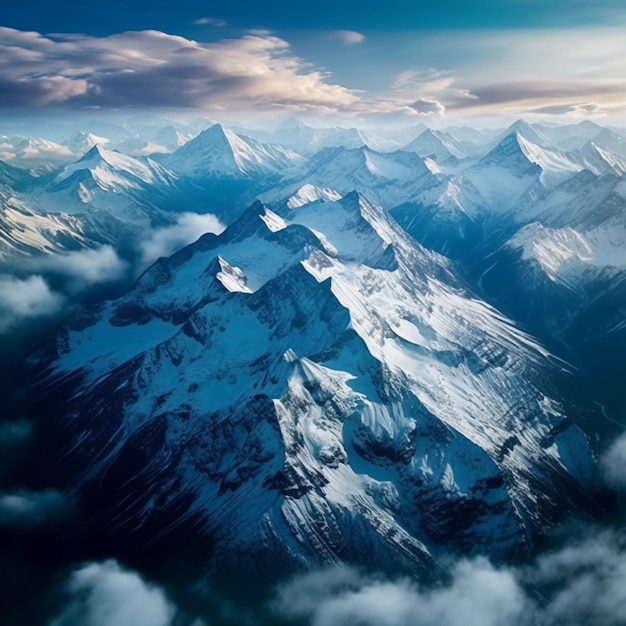 Een bergketen is bedekt met sneeuw en de lucht is blauw.