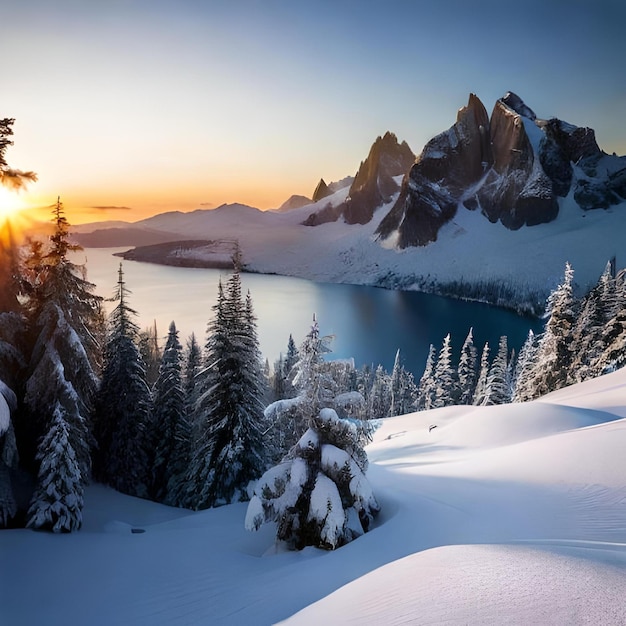 Een bergketen is bedekt met sneeuw en de zon gaat onder.