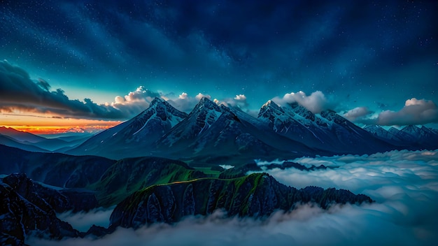 Een bergketen is omgeven door wolken en de lucht wordt verlicht door de ondergaande zon
