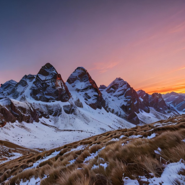 Een bergketen met besneeuwde bergen en een kleurrijke lucht met daarachter de ondergaande zon.