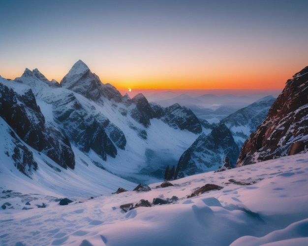 Een bergketen met sneeuw op de grond en de ondergaande zon erachter