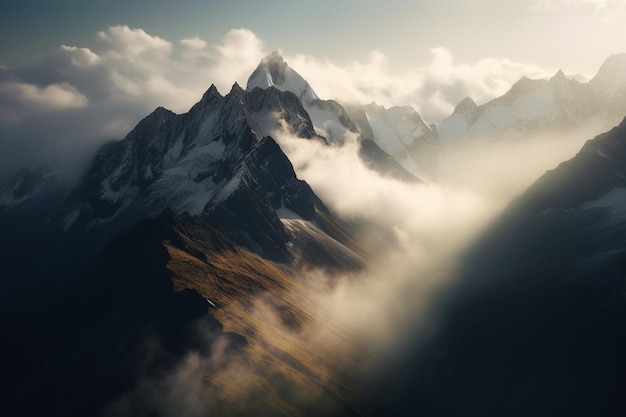 Een bergketen met wolken en de zon schijnt door de wolken