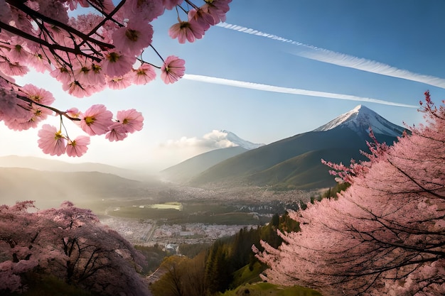 Een bergketen wordt gezien achter een boom met roze bloemen op de voorgrond.