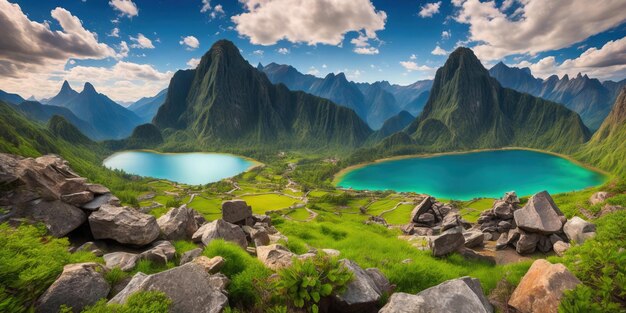 Een berglandschap met bergen op de achtergrond