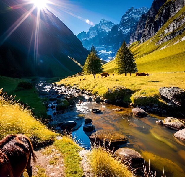 Een berglandschap met een berg en een paard op de voorgrond.