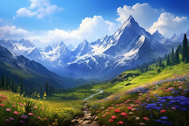 Een berglandschap met een bloemenweide en bergen.