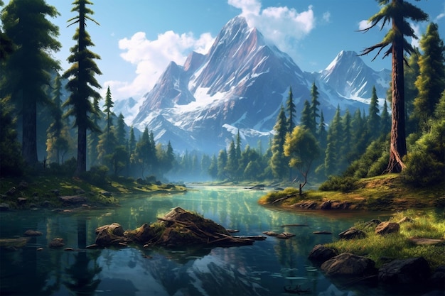 Een berglandschap met een meer en een bos op de achtergrond.